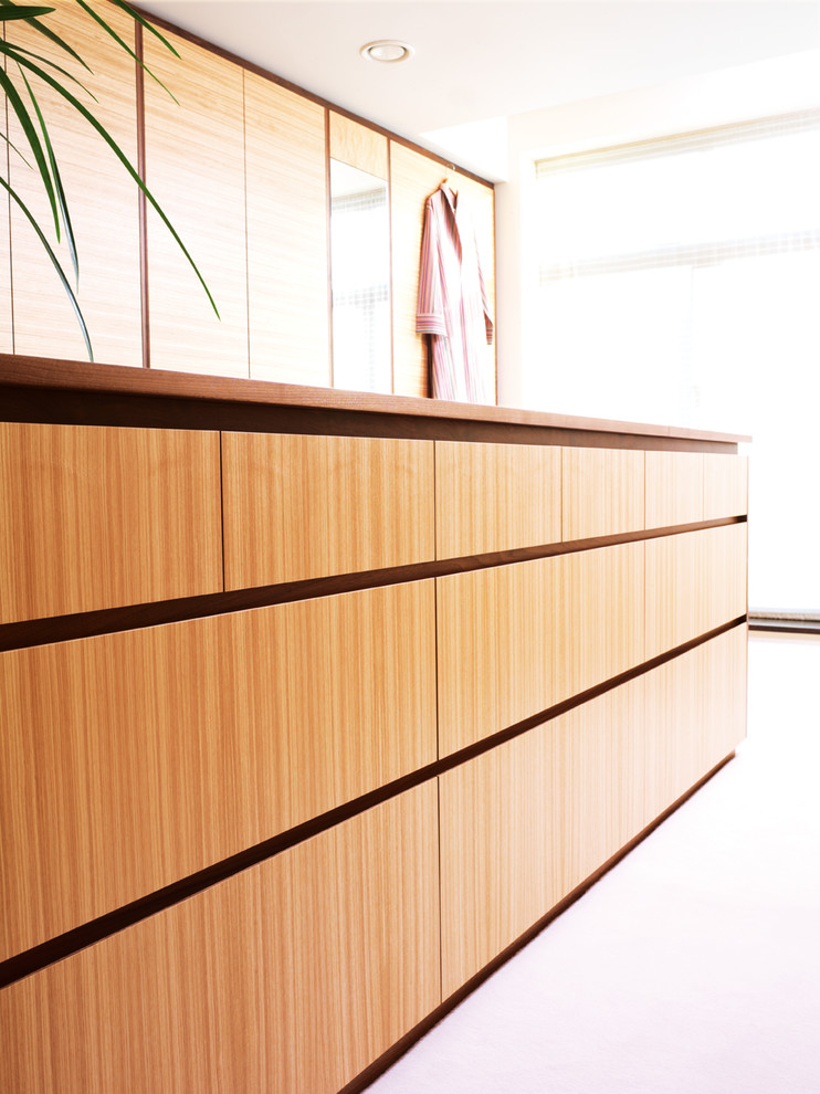 Imagen de armario vestidor unisex minimalista grande con armarios con paneles lisos, puertas de armario de madera oscura y moqueta
