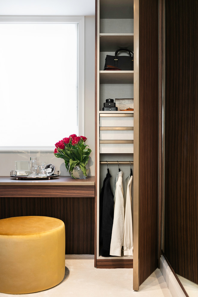 Cette image montre un petit dressing room design en bois foncé neutre avec un placard à porte plane.