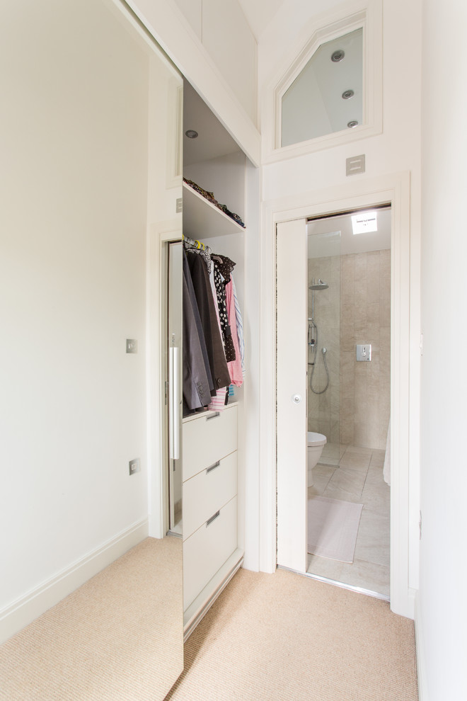 Design ideas for a small contemporary dressing room for women in Other with glass-front cabinets and carpet.