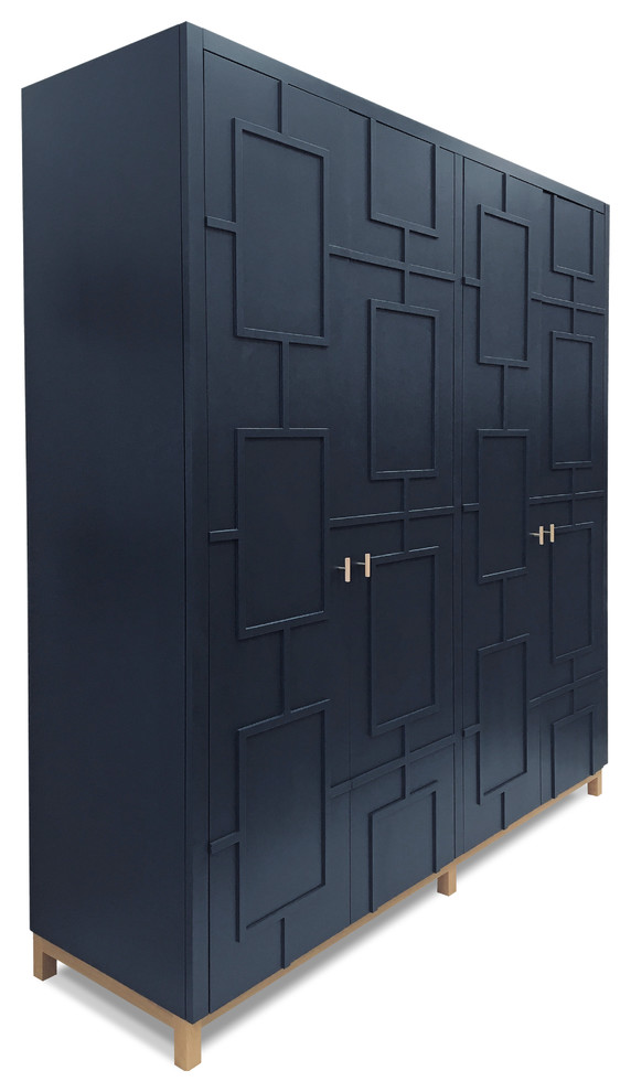 Reach-in closet - large contemporary gender-neutral reach-in closet idea in Essex with beaded inset cabinets and blue cabinets