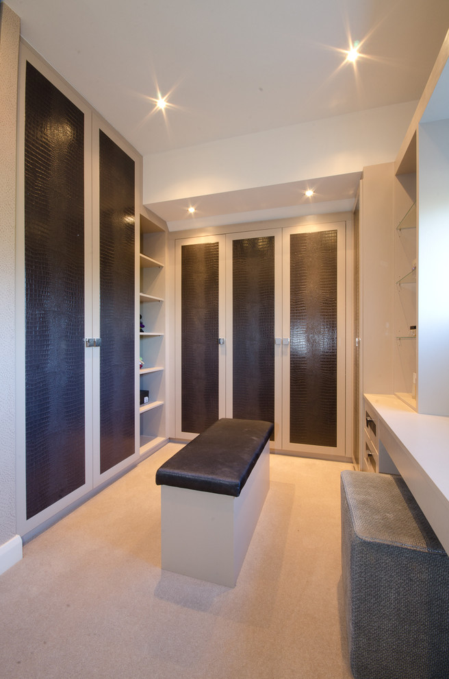 Diseño de armario vestidor unisex moderno pequeño con armarios con paneles empotrados, puertas de armario grises y moqueta