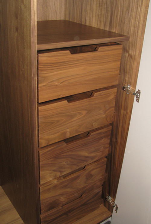 Imagen de vestidor unisex contemporáneo de tamaño medio con armarios con paneles lisos y puertas de armario de madera oscura
