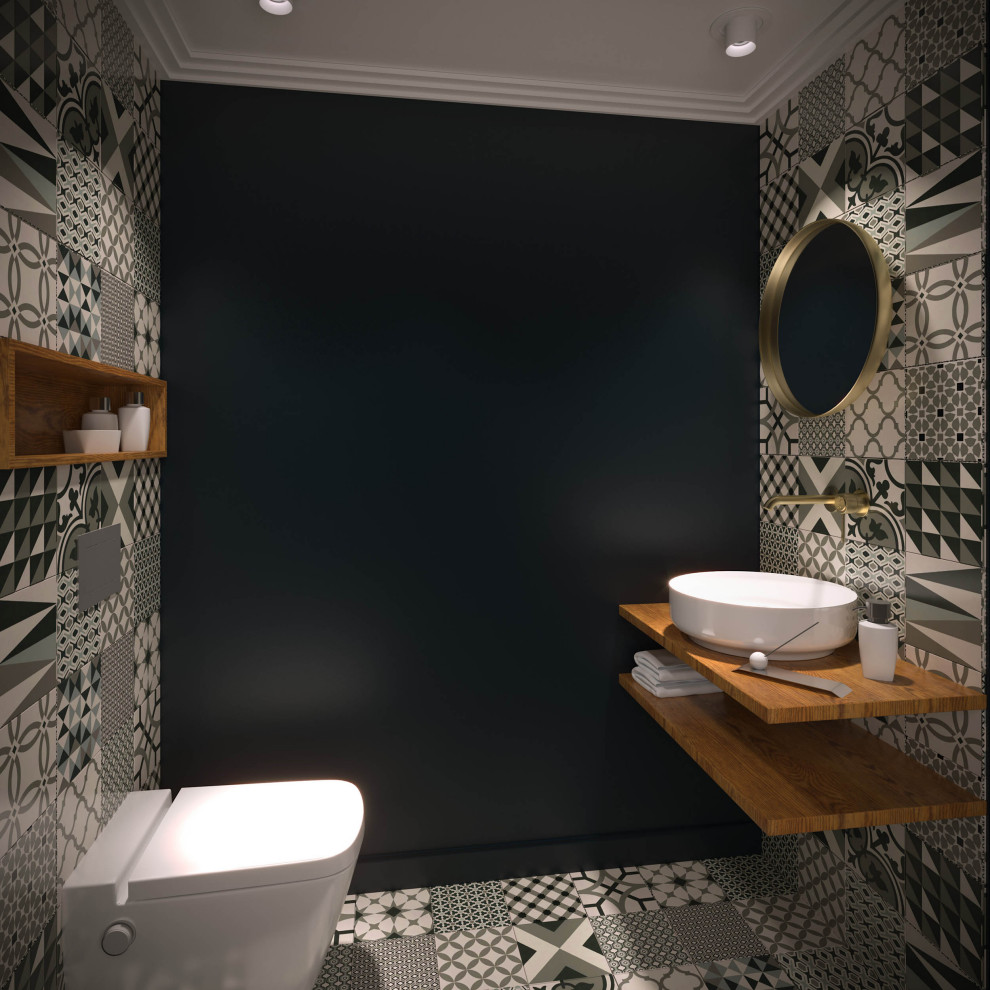Inspiration for a small classic cloakroom in Nice with light wood cabinets, a wall mounted toilet, multi-coloured tiles, cement tiles, blue walls, cement flooring, a built-in sink, wooden worktops, multi-coloured floors and beige worktops.