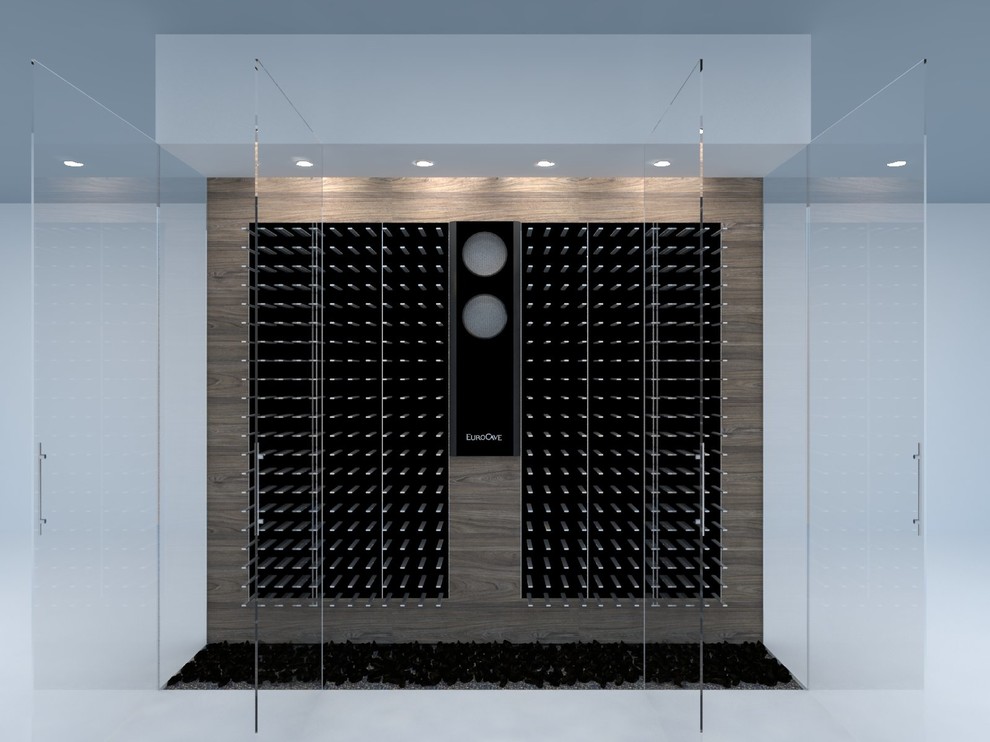 Photo of a medium sized contemporary wine cellar in Copenhagen with cube storage.