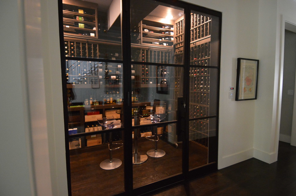 Example of a mid-sized transitional dark wood floor wine cellar design in Dallas with storage racks