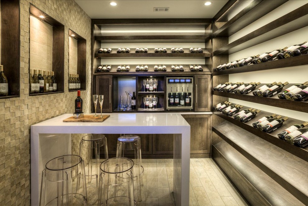 Design ideas for a large contemporary wine cellar in Atlanta with ceramic flooring and storage racks.