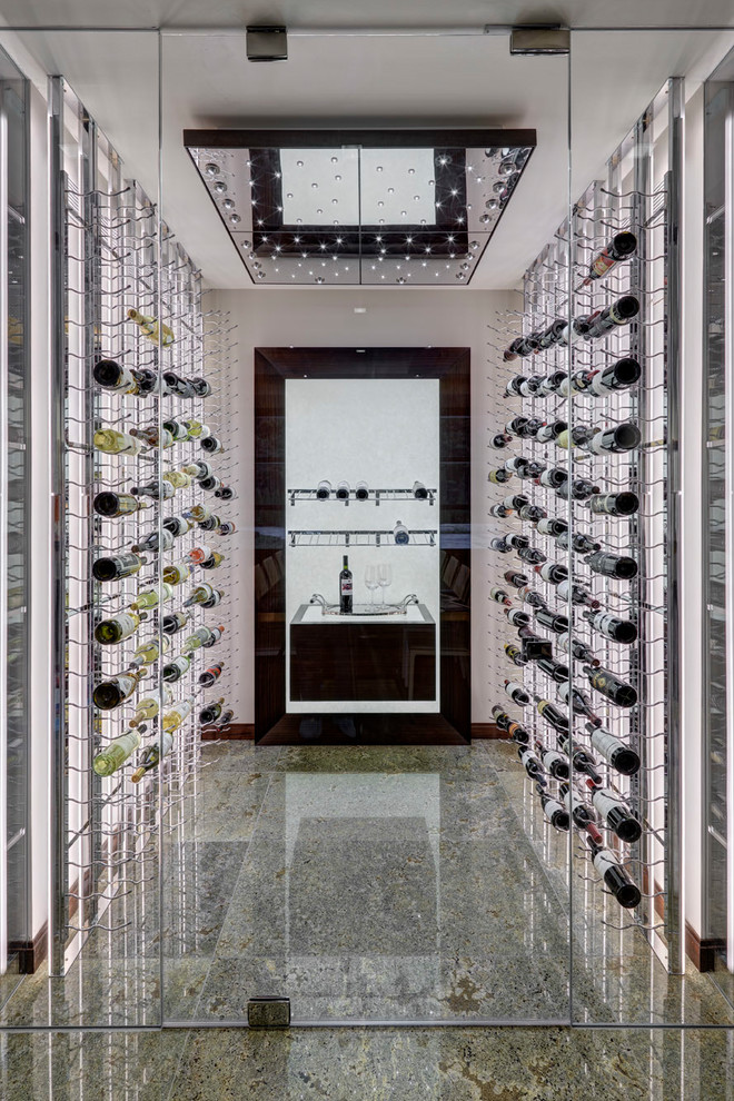 Contemporary wine cellar in Detroit with storage racks.