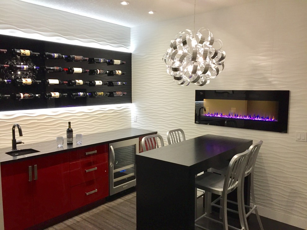 Medium sized contemporary wine cellar in Calgary with cork flooring.