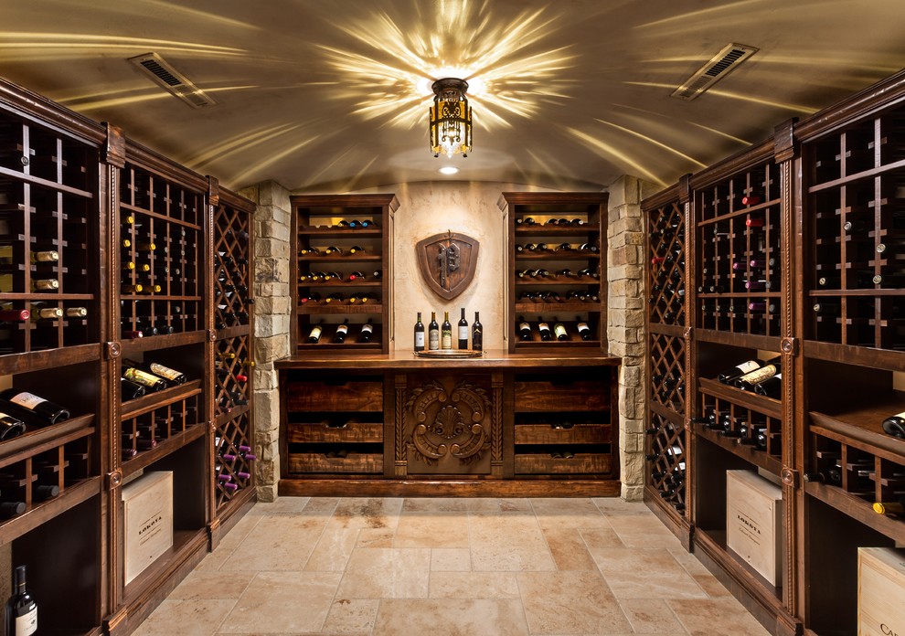 Photo of a classic wine cellar in Milwaukee with storage racks and beige floors.
