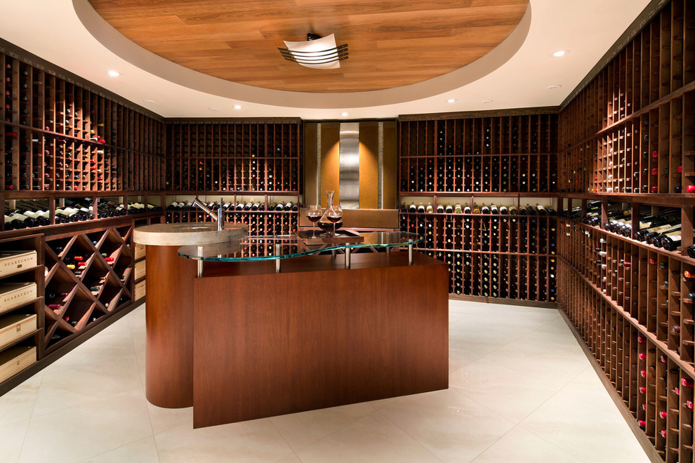 Cette image montre une grande cave à vin design avec des casiers.