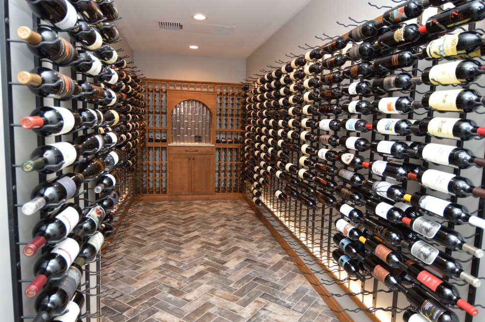 Beautiful Custom Home Wine Cellar with Metal and Wood Elements