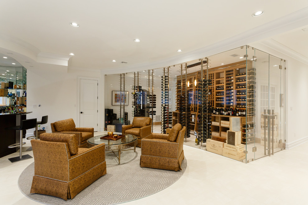 Photo of an expansive modern wine cellar in New York with marble flooring, storage racks and white floors.