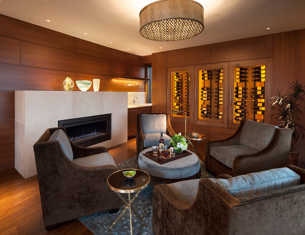 This is an example of a contemporary wine cellar in Denver with medium hardwood flooring, display racks and orange floors.