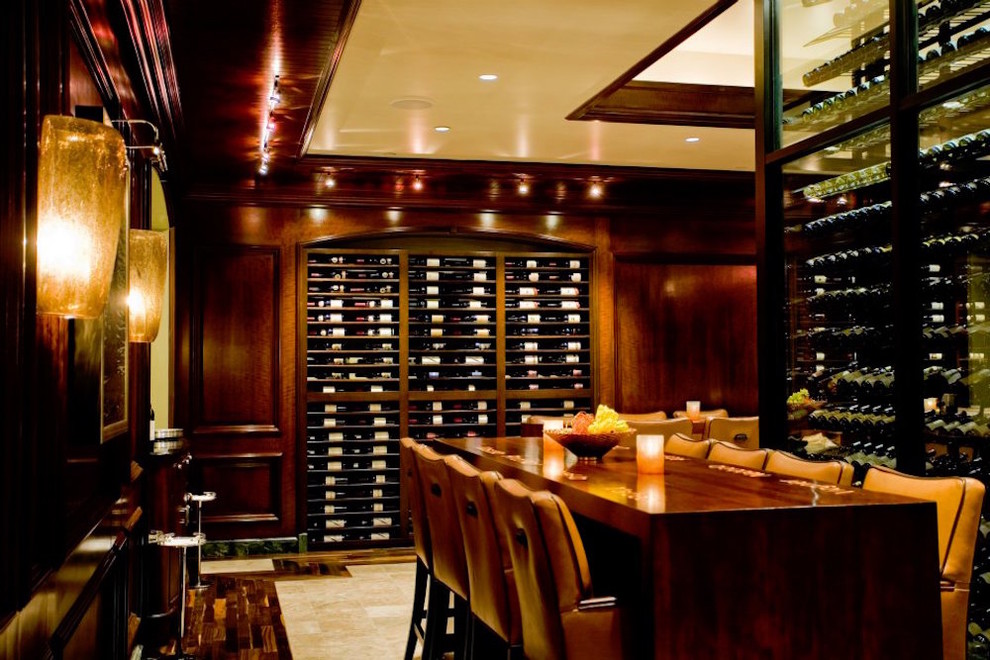 Design ideas for a large classic wine cellar in Other with ceramic flooring, display racks and beige floors.