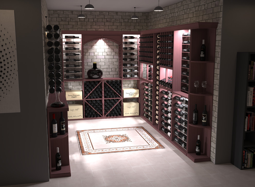 Cette photo montre une cave à vin chic de taille moyenne avec un sol en carrelage de porcelaine et des casiers.