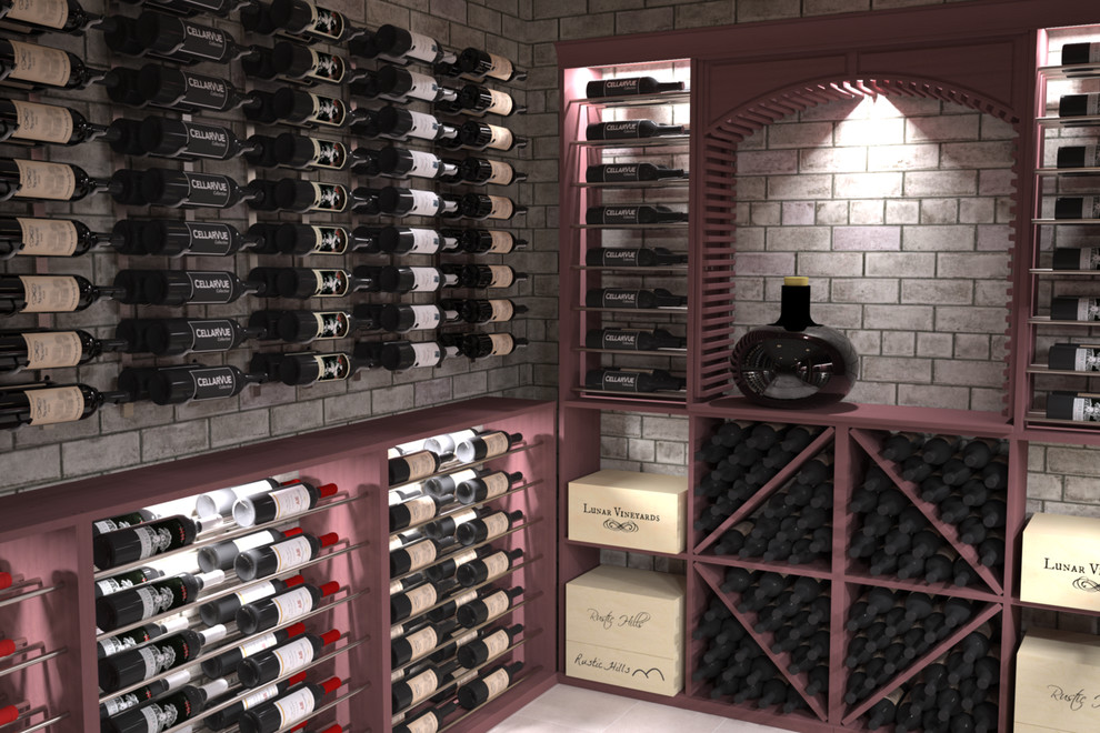 Inspiration pour une cave à vin traditionnelle de taille moyenne avec un sol en carrelage de porcelaine et des casiers.