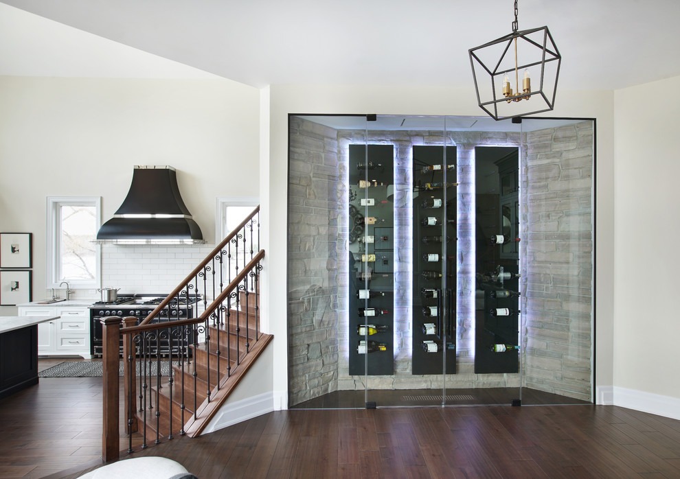 This is an example of a large classic wine cellar in Toronto with dark hardwood flooring, display racks and brown floors.