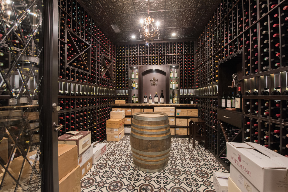 Medium sized traditional wine cellar in Chicago with ceramic flooring, display racks and multi-coloured floors.