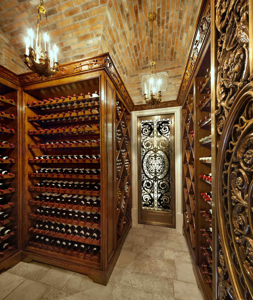 Mediterranean wine cellar in Santa Barbara with storage racks.