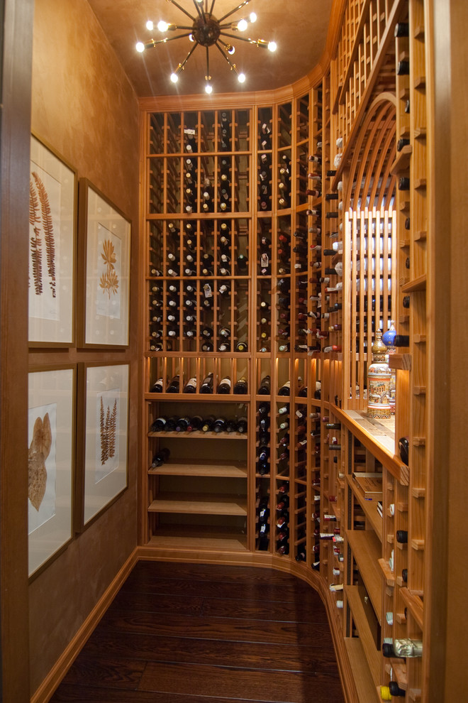 Inspiration for a small timeless dark wood floor and brown floor wine cellar remodel in Houston with storage racks