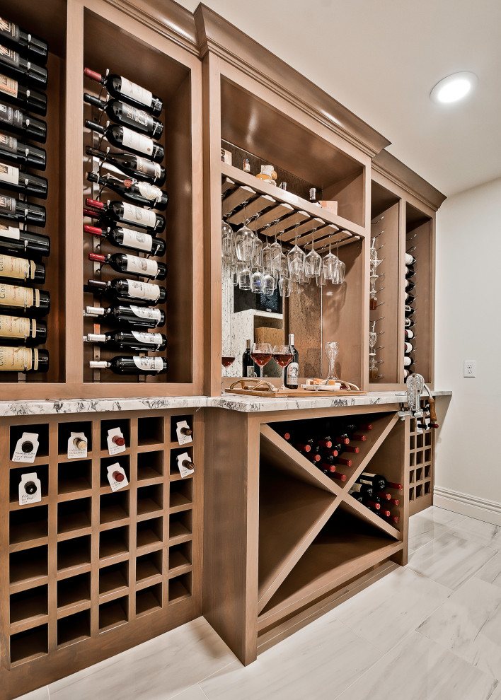 Photo of a medium sized classic wine cellar in Other with porcelain flooring, display racks and grey floors.