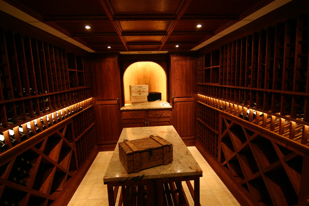 Inspiration for a medium sized rustic wine cellar in New York with ceramic flooring and storage racks.