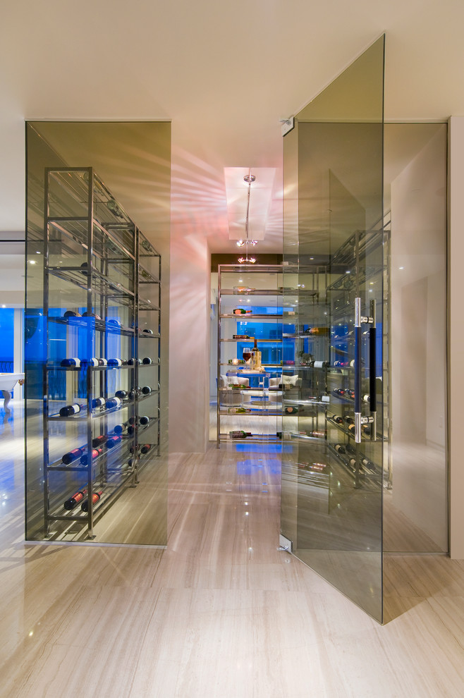 Photo of a contemporary wine cellar in Miami with storage racks.