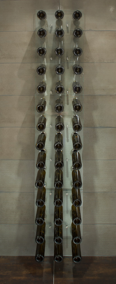 Imagen de bodega actual de tamaño medio con vitrinas expositoras, suelo de madera pintada y suelo marrón