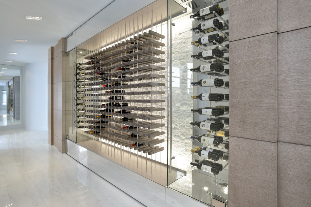 Contemporary wine cellar in Toronto with storage racks.
