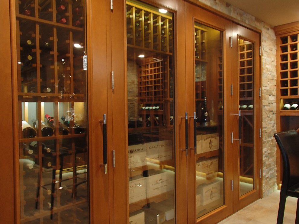 Design ideas for a medium sized contemporary wine cellar in Calgary with storage racks.
