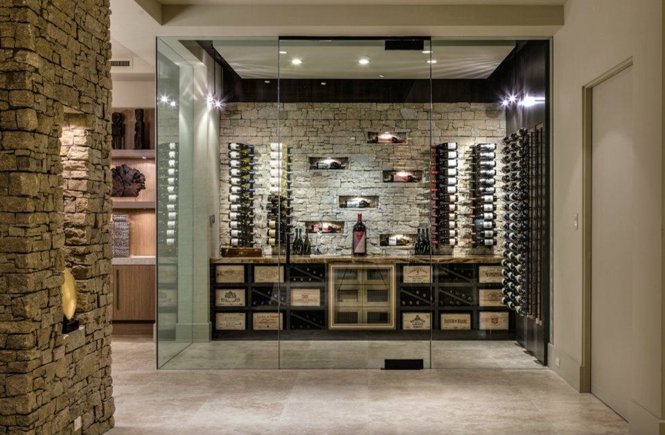 Trendy gray floor wine cellar photo in San Diego