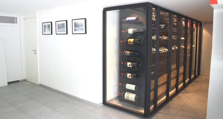 Cette photo montre une cave à vin moderne.