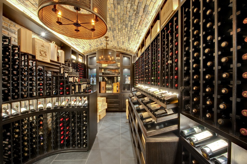 Example of a trendy wine cellar design in Chicago with storage racks