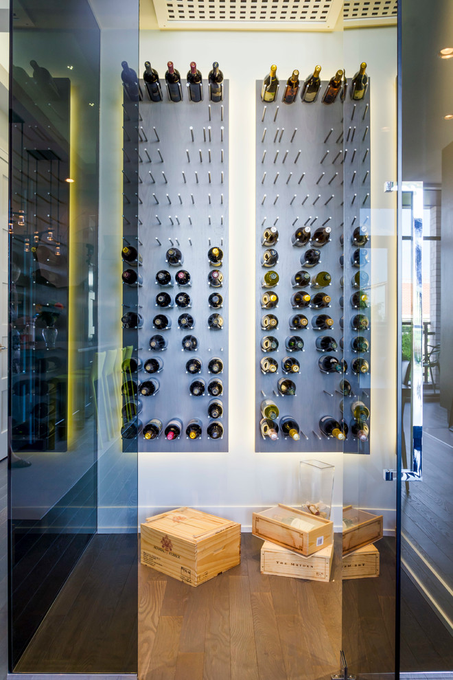 Medium sized contemporary wine cellar in Chicago with medium hardwood flooring and storage racks.