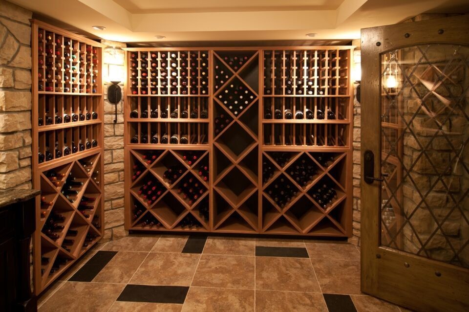 Cette photo montre une très grande cave à vin chic avec un sol en carrelage de porcelaine et des casiers losange.