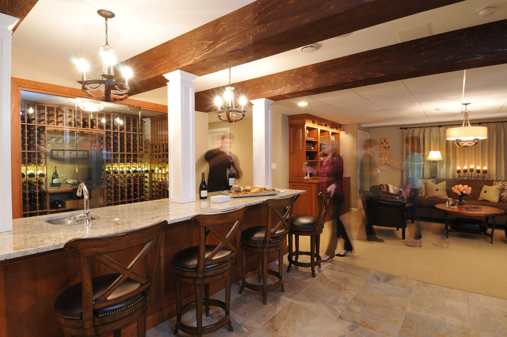 Example of a large classic porcelain tile wine cellar design in San Francisco with storage racks