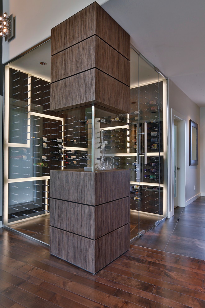 Mid-sized trendy wine cellar photo in New York with display racks