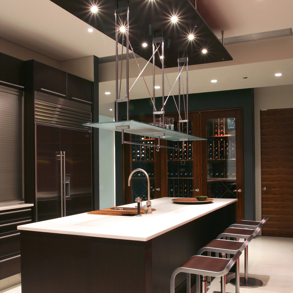 This is an example of a modern wine cellar in Chicago with white floors.