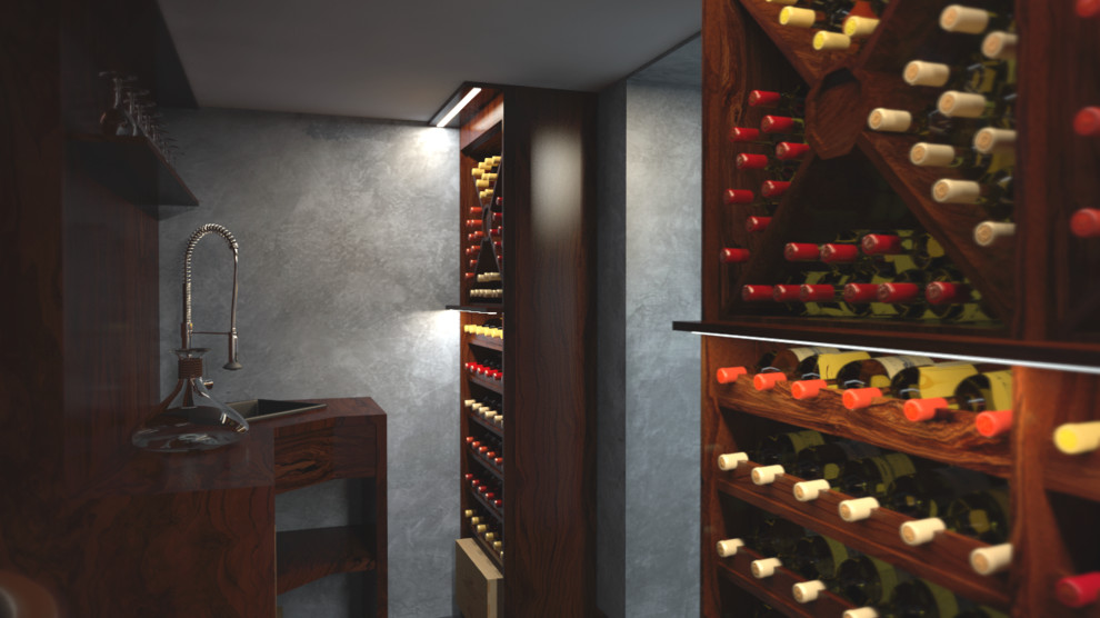 Idée de décoration pour une grande cave à vin minimaliste avec un sol en ardoise et des casiers.