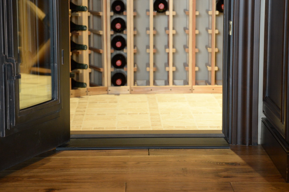 Hand Distressed Hickory Floors and Wine Cellar with Stone Floor