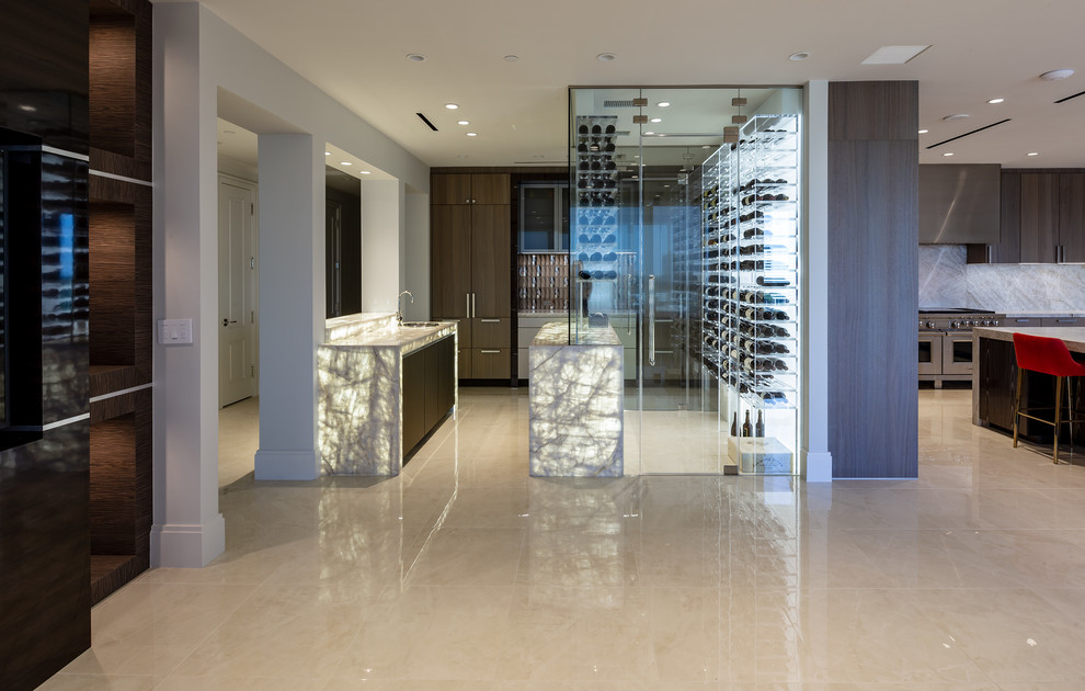 Inspiration for an expansive modern wine cellar in Houston with ceramic flooring, storage racks and white floors.