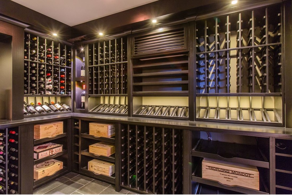 Design ideas for a medium sized contemporary wine cellar in Boston with ceramic flooring and storage racks.