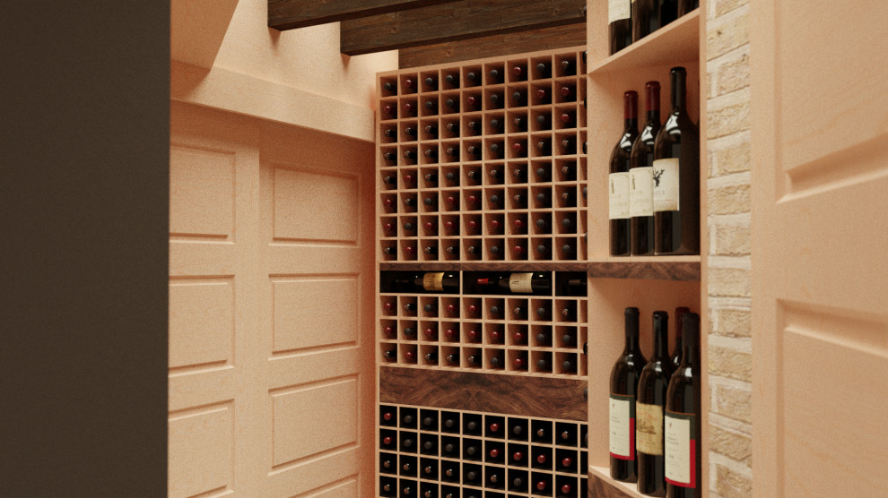 Idée de décoration pour une petite cave à vin design avec sol en béton ciré et un présentoir.