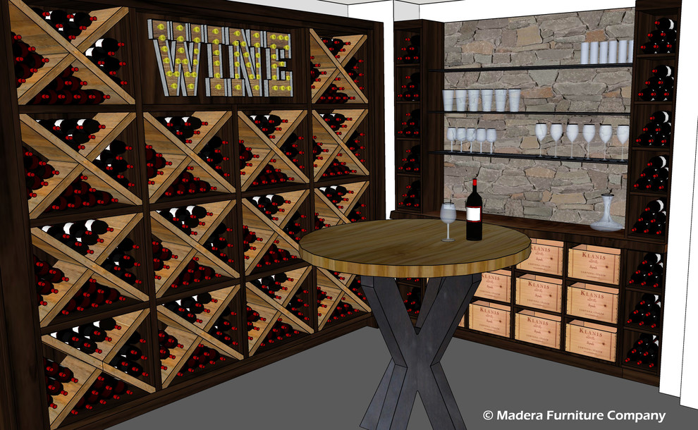 Idée de décoration pour une grande cave à vin design avec sol en béton ciré, des casiers losange et un sol marron.