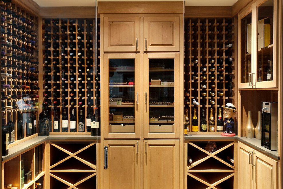 This is an example of a classic wine cellar in Chicago with storage racks.