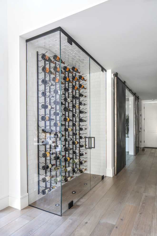 Trendy medium tone wood floor and gray floor wine cellar photo in Orange County with storage racks