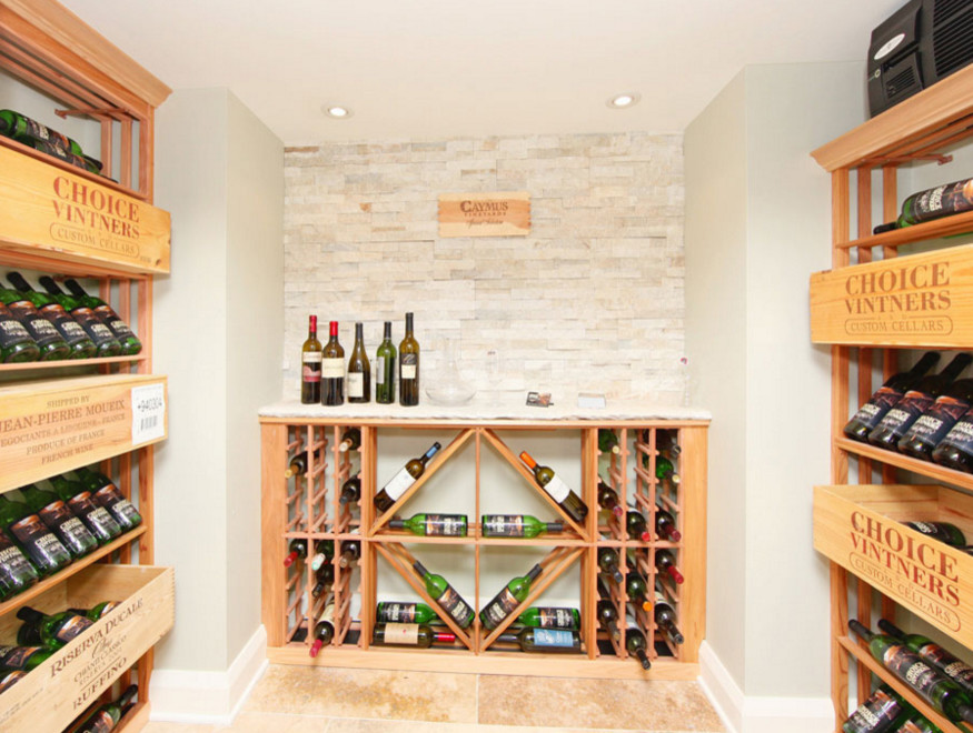 Inspiration for a medium sized contemporary wine cellar in Orange County with travertine flooring and storage racks.