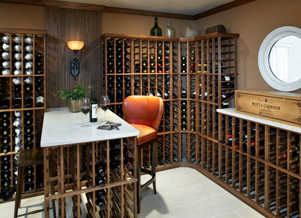 Design ideas for a medium sized nautical wine cellar in Boston with porcelain flooring and storage racks.
