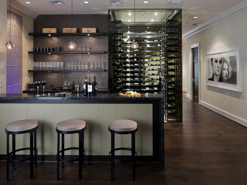 This is an example of a modern wine cellar in Dallas.