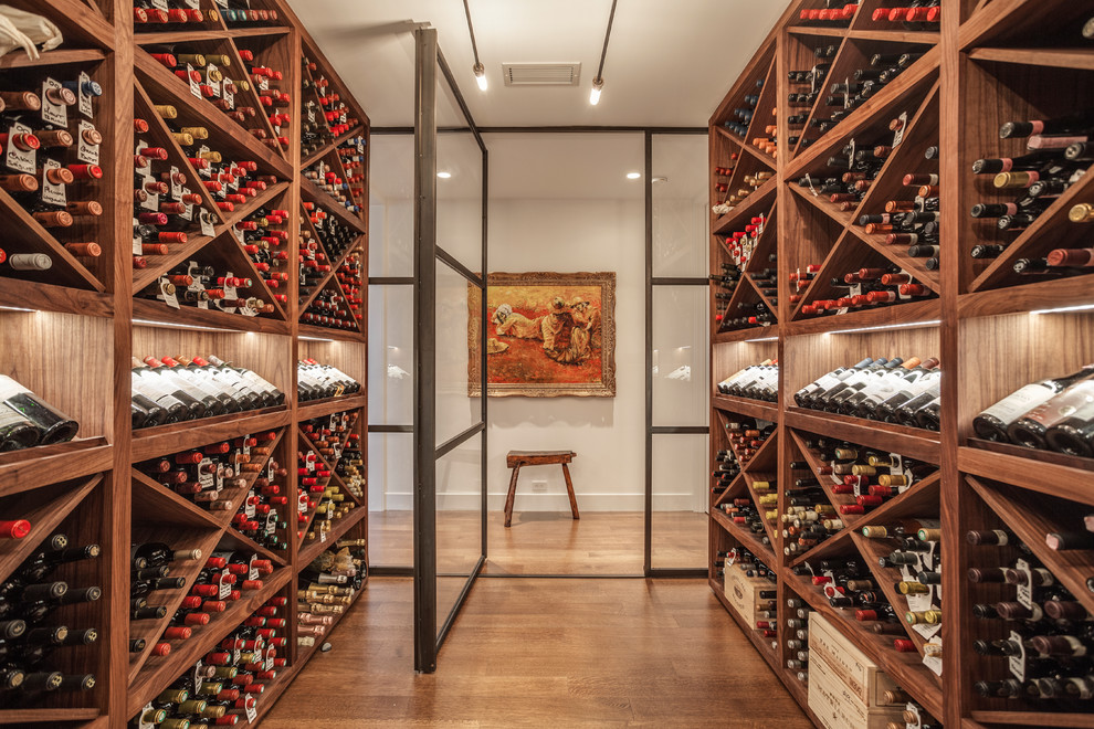 Inspiration for a contemporary wine cellar in Minneapolis with medium hardwood flooring and cube storage.